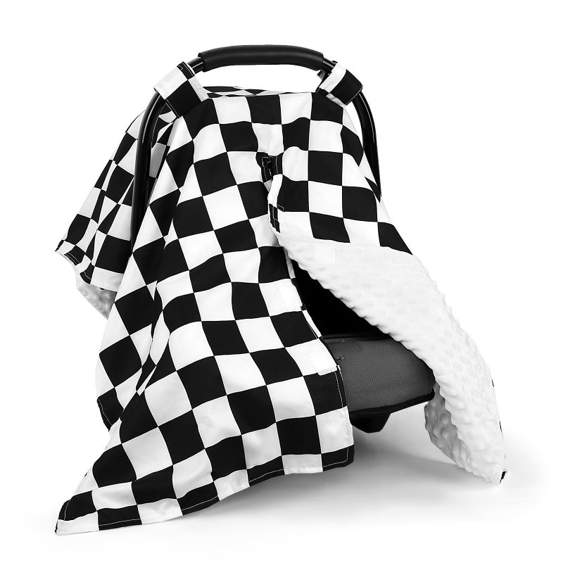DILIMI Baby Car Seat Cover, Minky Warm Car Seat Covers for Babies, Peekaboo Opening Infant Car Seat Cover, Nursing Cover Carseat Canopy, Black Checkered - Image 1